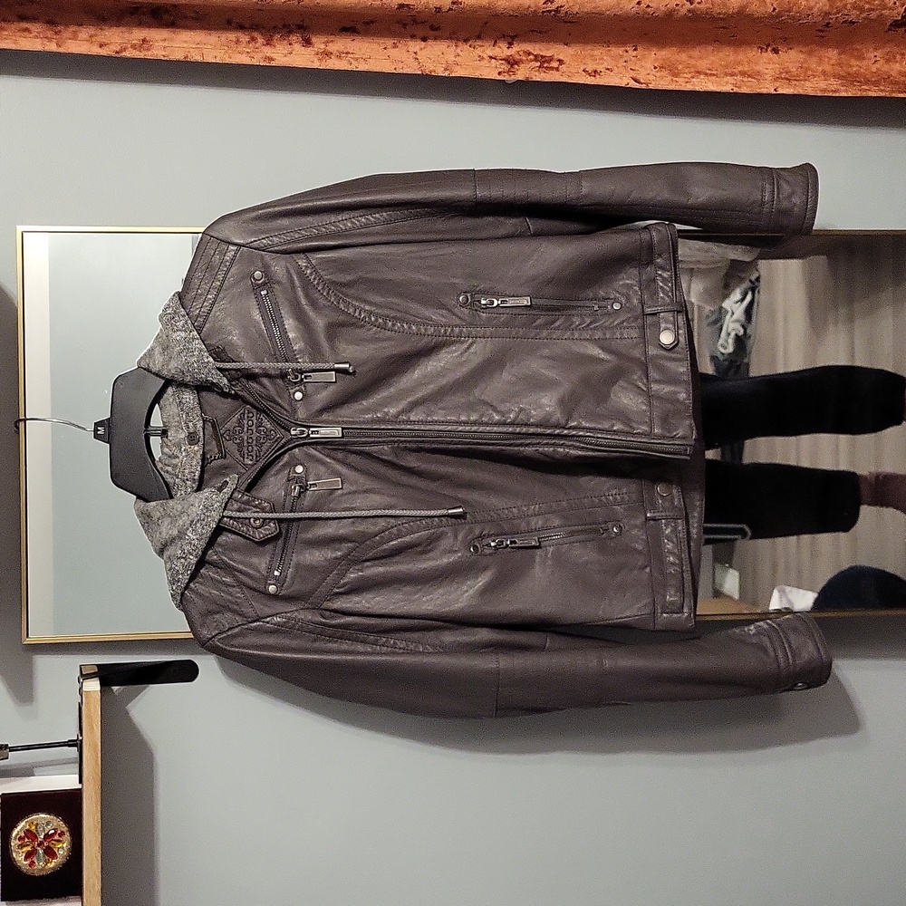 Gray zip up faux leather jacket with button removable hood